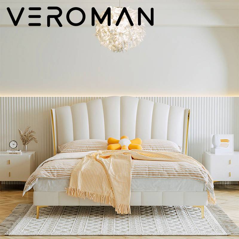 VeroMan レザー ベッド フレーム ゴールド脚 ティアラシルエット 立体