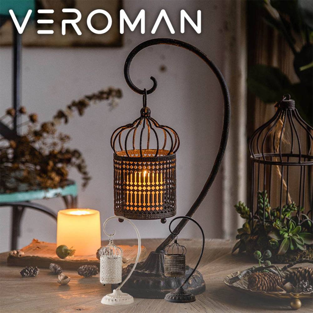 VeroMan 鳥かご風 ランタン キャンドル スタンド ホルダー アンティーク アイアン製 テーブル装飾 癒しの灯り ろうそく立て 吊りフック付き 韓国インテリア