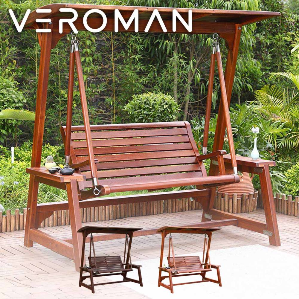 VeroMan やすらぎ感じる 屋根付き木製ブランコ 三角構造 高級マホガニー材 自然美快適設計 韓国インテリア [高さ190cmx幅180cm]