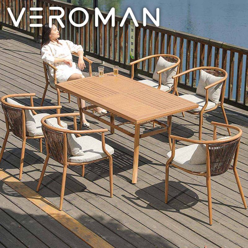 長方形・椅子6脚] VeroMan 自然な木目調のラウンドテーブルセット 高