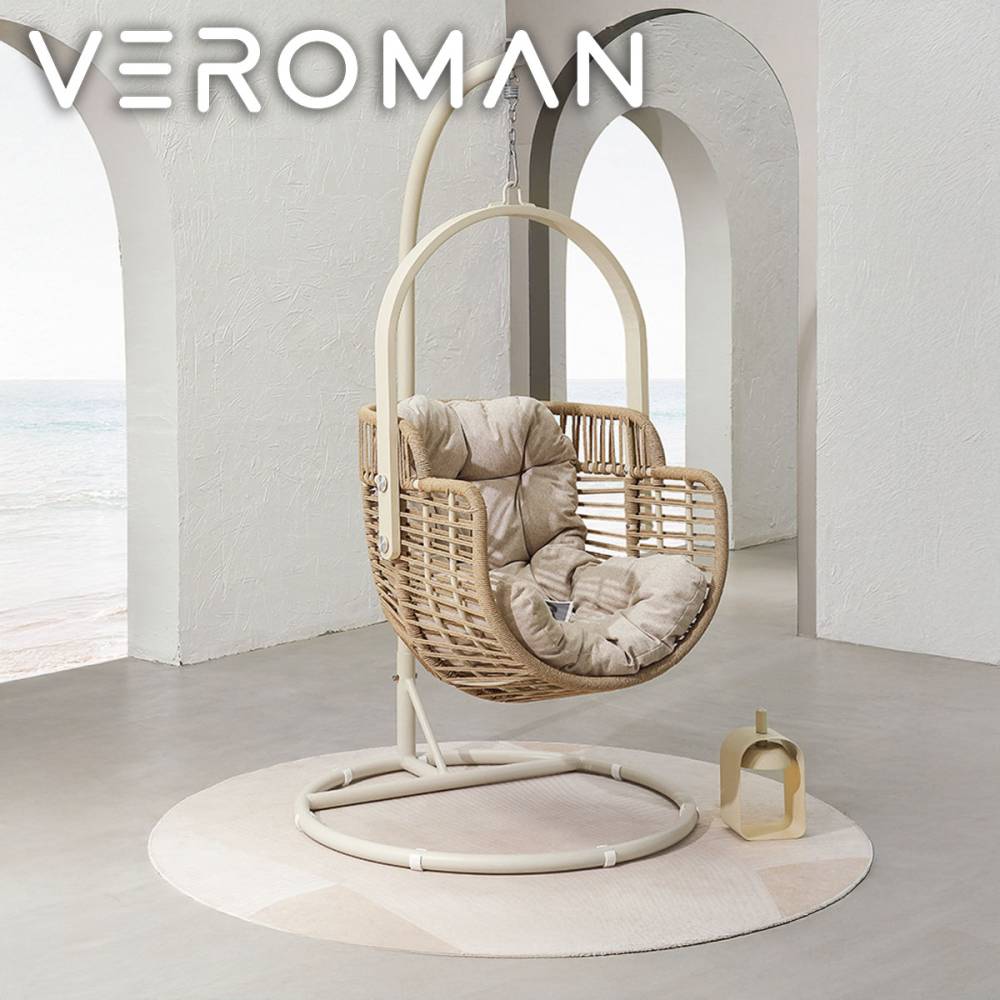 VeroMan 癒しをもたらす吊り籠チェア ライト付きのアルミ合金フレーム ハンギングチェア 頑丈で手作り感が溢れる 自然美 韓国インテリア [高さ195cmx幅105cm]