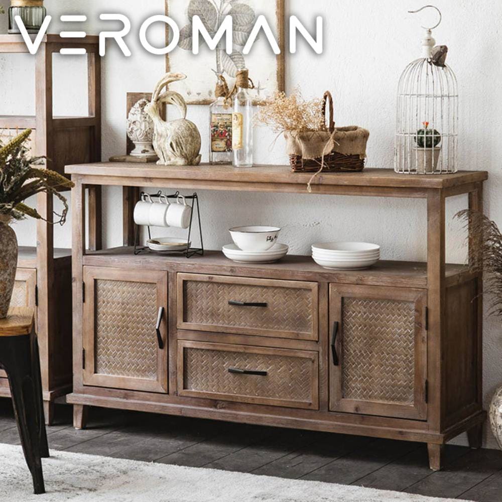 VeroMan あたたかみの木目と編み模様が魅力的 リビング収納キャビネット 機能性とデザイン性を兼ね備えた家具 韓国インテリア [幅122cm×奥行35cm×高さ81cm]