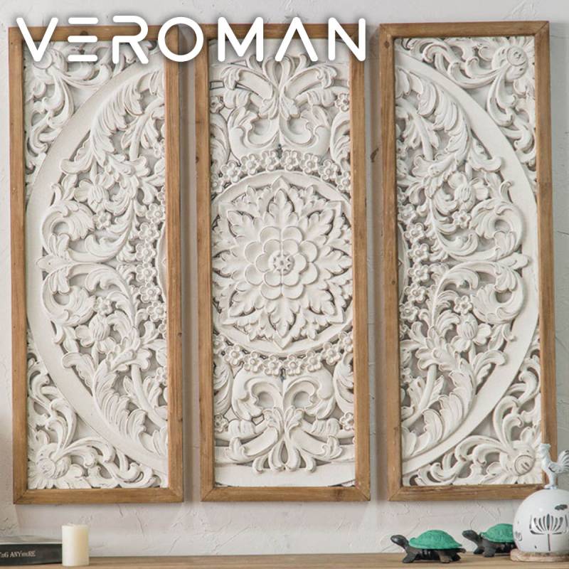 VeroMan 壁掛けパネルセット アンティーク調 手彫り風装飾 天然木フレーム 華やかで優美なデザイン 韓国インテリア [縦94cm×横100cm]