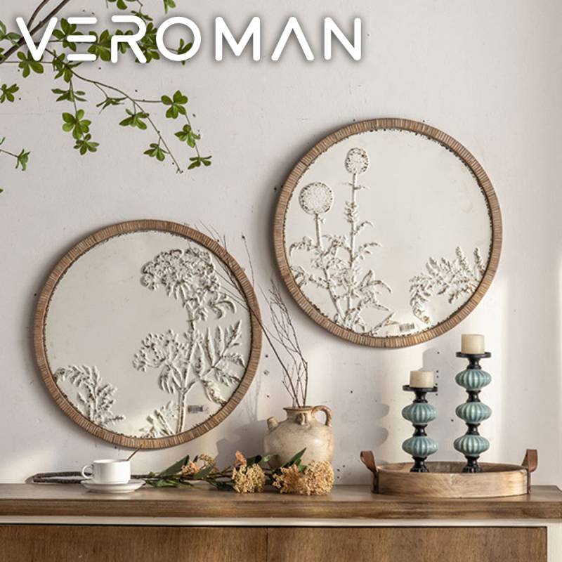 2個セット] VeroMan ラタンフレーム花柄壁掛けアート 丸型レリーフ装飾