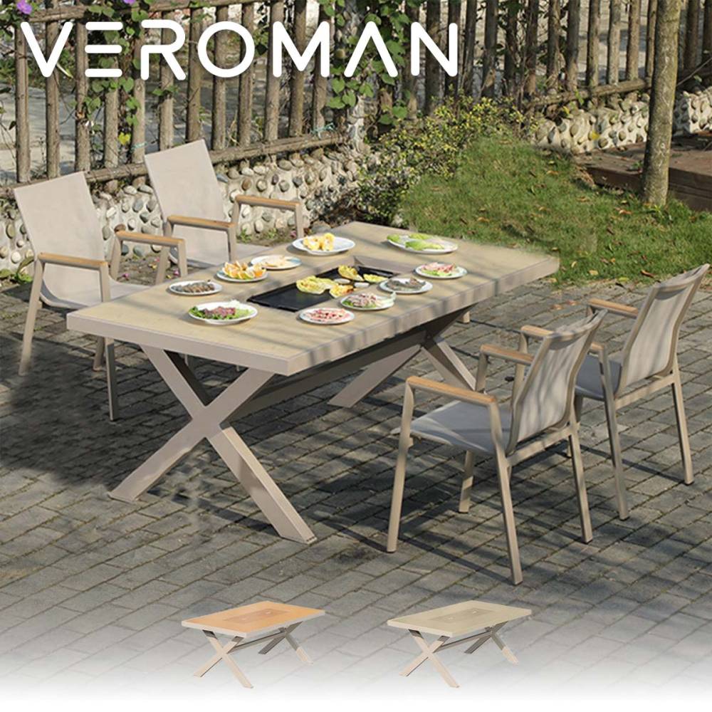 [150cm椅子4脚] VeroMan テーブルセット アウトドア用品 アウトドアテーブル チェア 上質感あふれる多機能バーベキューテーブルセット クロス脚がアクセント 軽量アルミフレーム 韓国インテリア