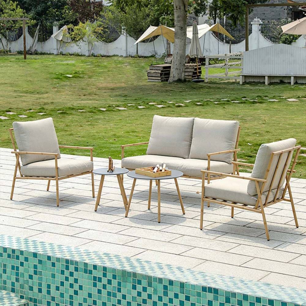 [5点セット] VeroMan テーブルセット アウトドア用品 アウトドアテーブル チェア 上品な木目調と高級感あふれる金属フレーム 耐候性に優れたクッション付き 庭用ソファセット 韓国インテリア