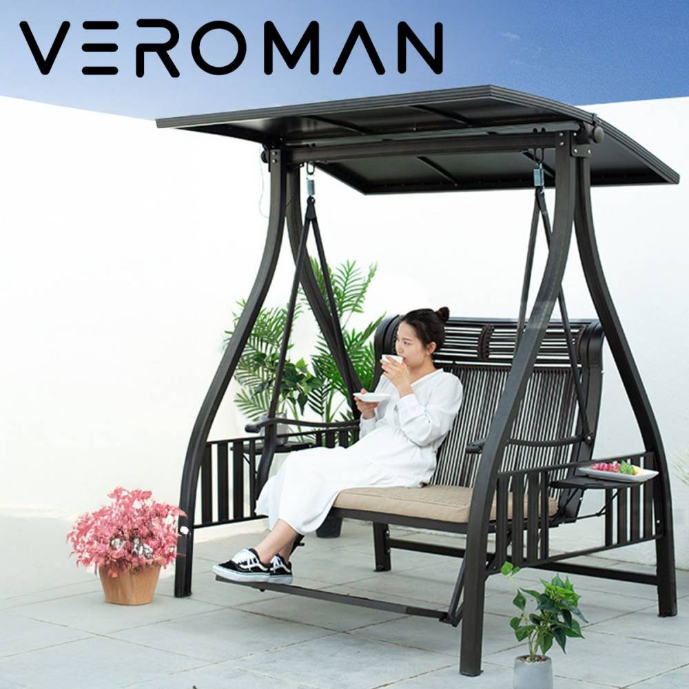 [二人掛け] VeroMan スイングベンチ 二人掛け 屋根付ブランコ 家庭用ブランコ 日よけ付き 落ち着いた雰囲気漂う LEDライト付き 家族で楽しむ 屋根付きスイングチェア 韓国インテリア