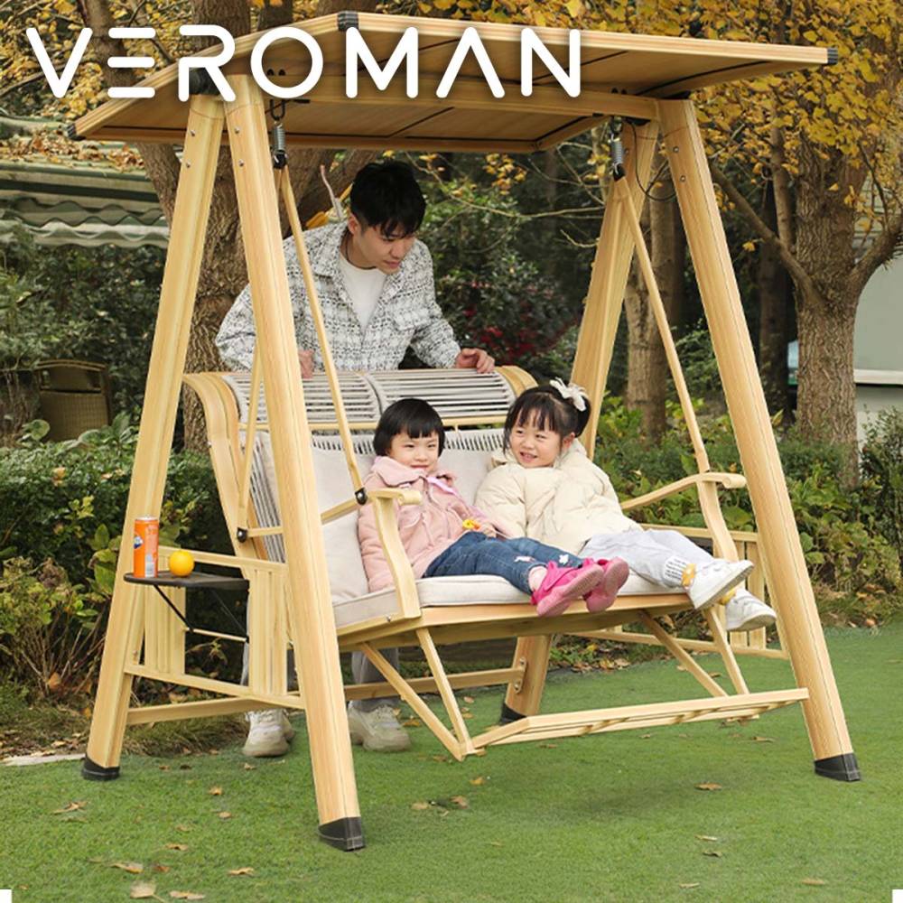 [2人用ベージュ] VeroMan スイングベンチ 二人掛け 屋根付ブランコ 家庭用ブランコ 日よけ付き 落ち着いた雰囲気漂う アルミ製 屋根付きスイングチェア 家族で楽しむ 韓国インテリア [143x120x184cm]