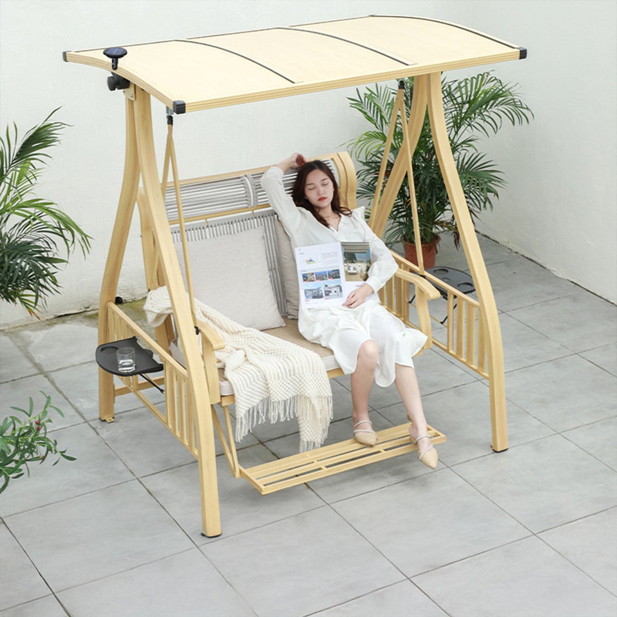 2人用ベージュ] VeroMan スイングベンチ 二人掛け 屋根付ブランコ 家庭