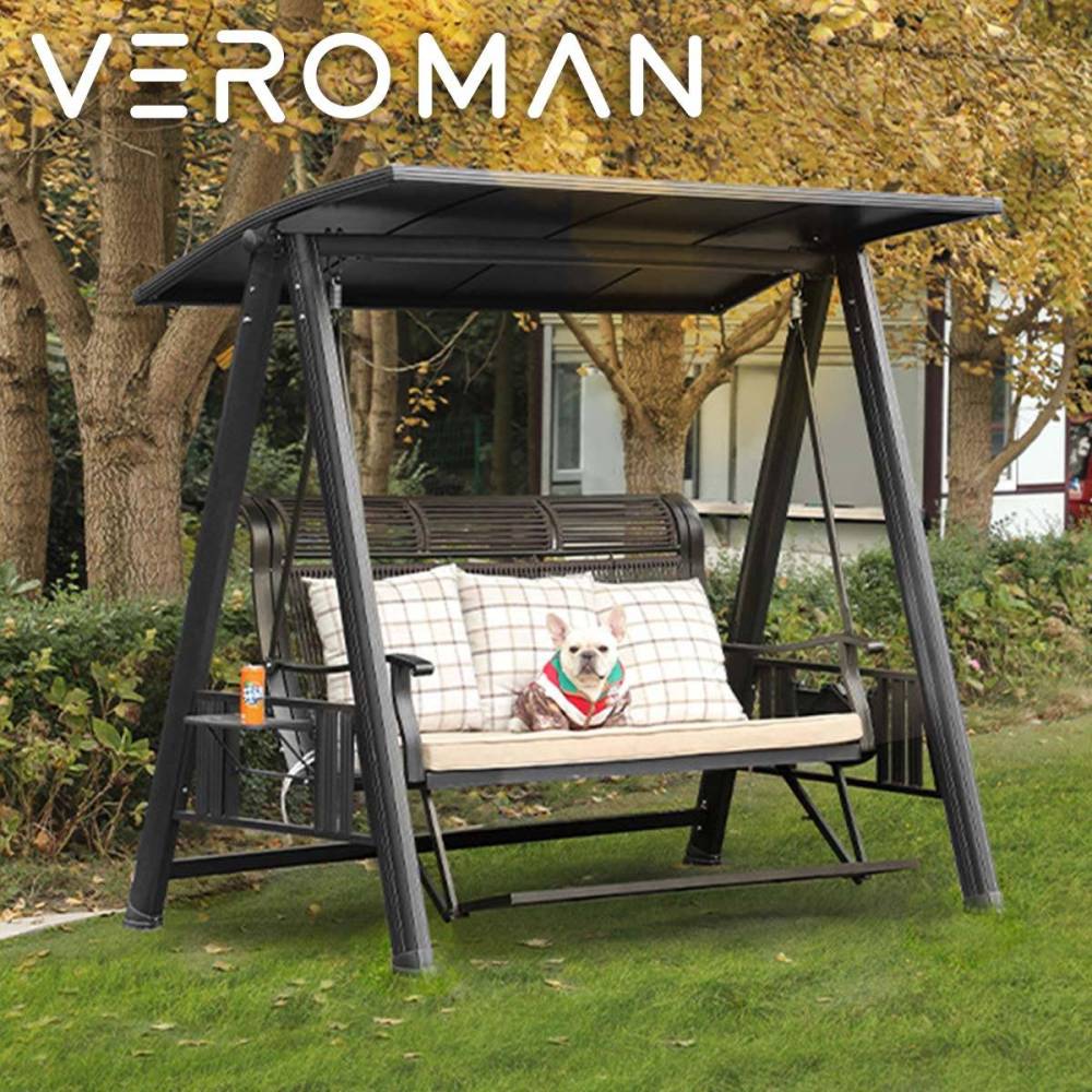 [3人用ブラウン] VeroMan スイングベンチ 三人掛け 屋根付ブランコ 家庭用ブランコ 日よけ付き 落ち着いた雰囲気漂う LEDライト付き アルミ製 屋根付きスイングチェア 家族で楽しむ 韓国インテリア