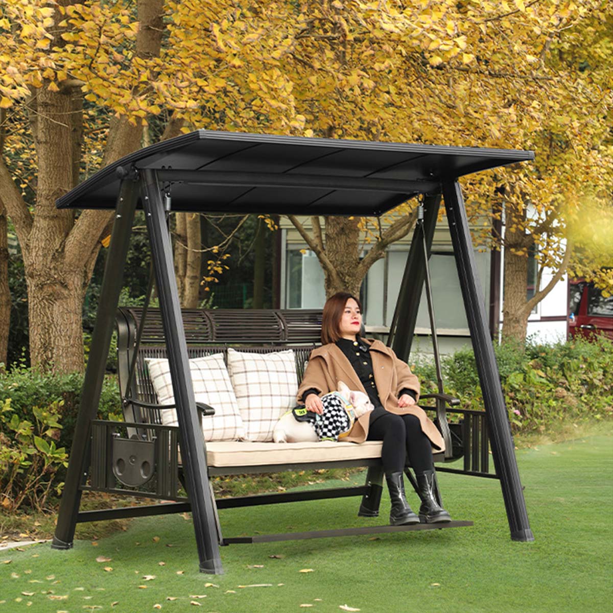 3人用ブラウン] VeroMan スイングベンチ 三人掛け 屋根付ブランコ 家庭