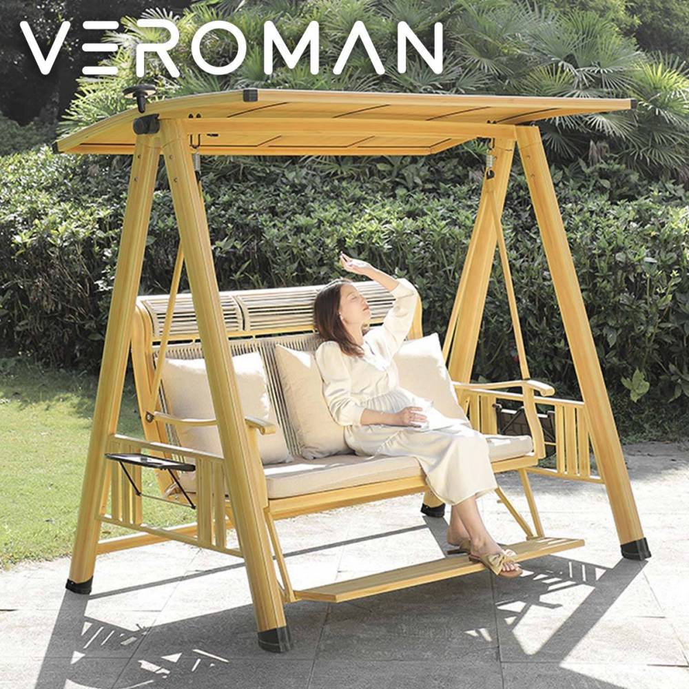 [3人用ベージュ] VeroMan スイングベンチ 三人掛け 屋根付ブランコ 家庭用ブランコ 日よけ付き 落ち着いた雰囲気漂う LEDライト付き アルミ製 屋根付きスイングチェア 家族で楽しむ 韓国インテリア