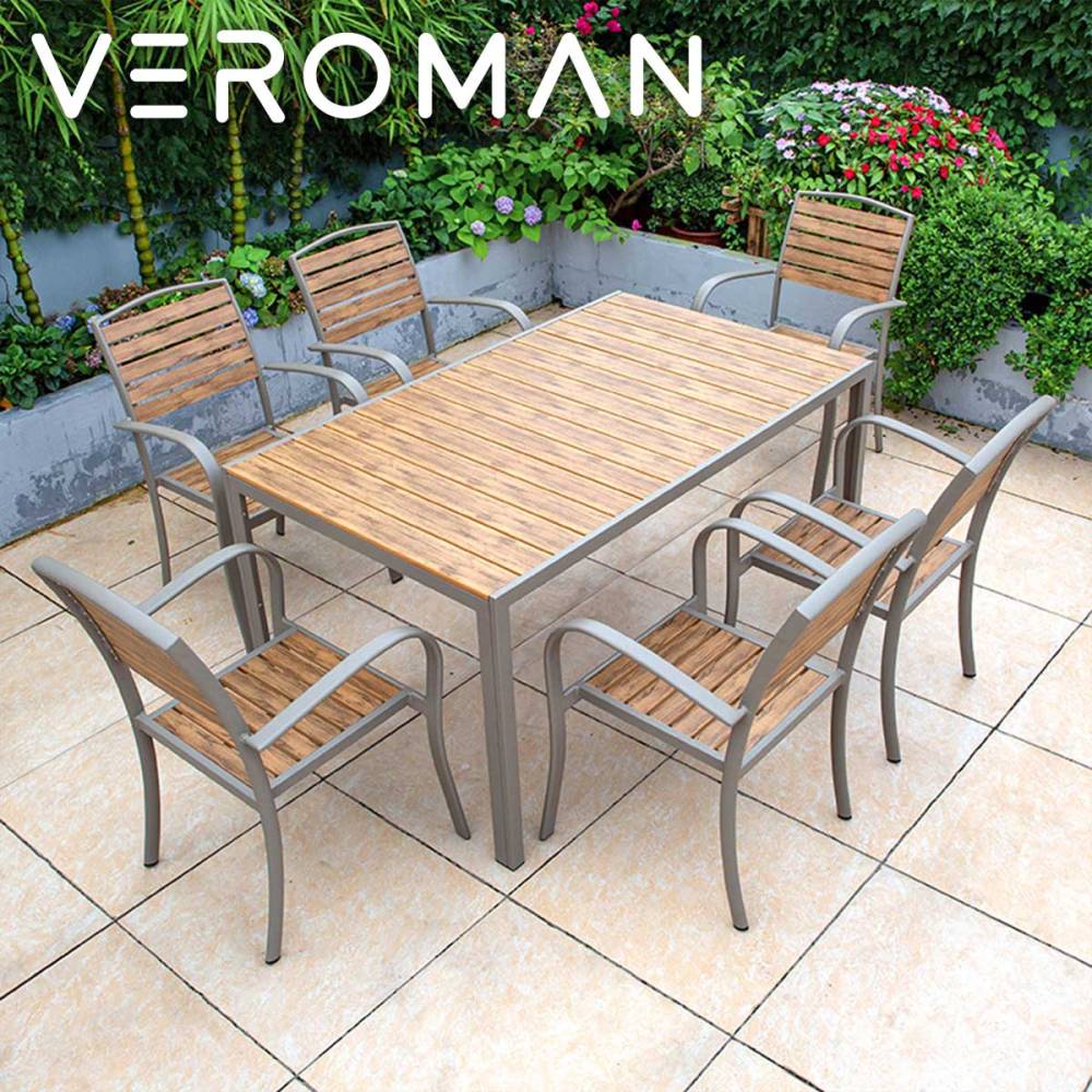 [テーブル150cm/椅子6脚セット] VeroMan 滑らかな木目調テーブルセット ダイニングテーブル 食卓テーブル 重厚感漂うアルミフレーム 耐久性抜群 庭先を彩る上質なデザイン おしゃれ グレー 韓国インテリア