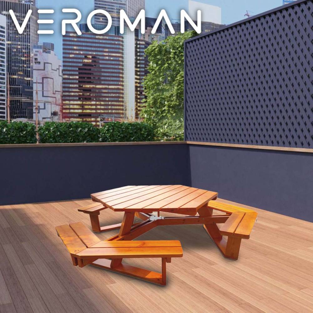 VeroMan テーブルセット アウトドア用品 アウトドアテーブル テーブルチェア一体型 落ち着いた温もりを感じる天然木製ベンチ付きテーブルセット 丸型・六角形デザイン 屋外耐久 防腐加工 韓国インテリア [高さ70cm×幅130cm]