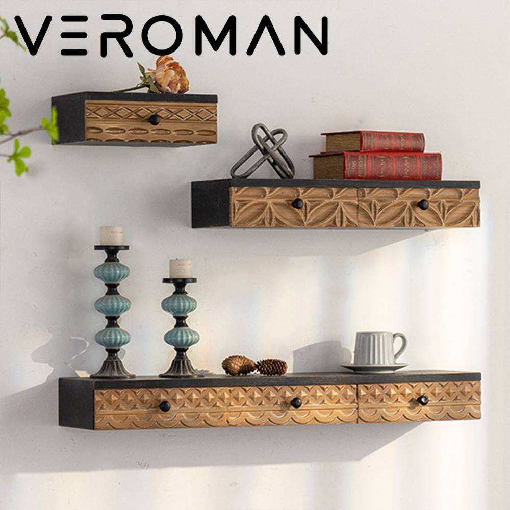 [3個セット] VeroMan 手彫り模様の壁掛け収納シェルフ 温かみのある木材とブラックアクセント 壁掛けラック 収納ラック ラック 韓国インテリア