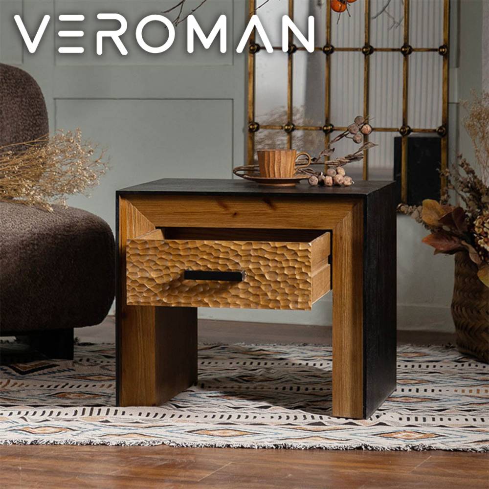 VeroMan ウッド サイドテーブル 引き出し付き ナイトテーブル ベッドサイド ソファサイド テーブル ブラック コントラスト 韓国インテリア [58cm×45cm×51cm]