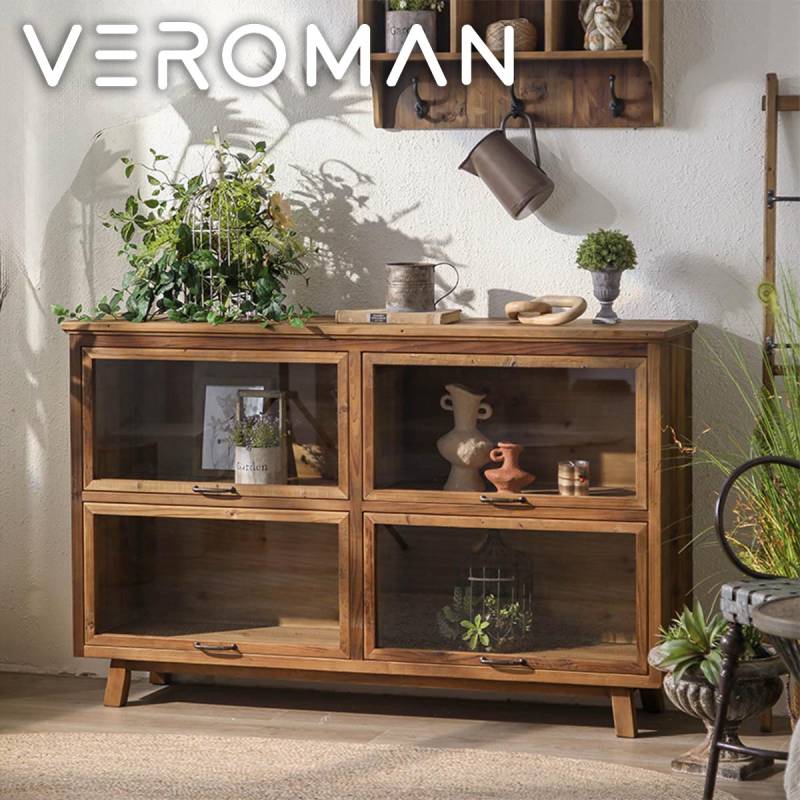 木製ヴィンテージスタイルガラスキャビネット VeroMan ヴィンテージ風 木製ガラスキャビネット 温かみのある収納