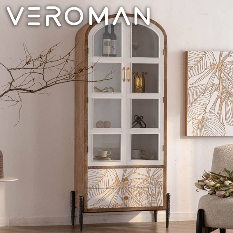 VeroMan クラシックデザイン彫刻ガラスキャビネット ナチュラル