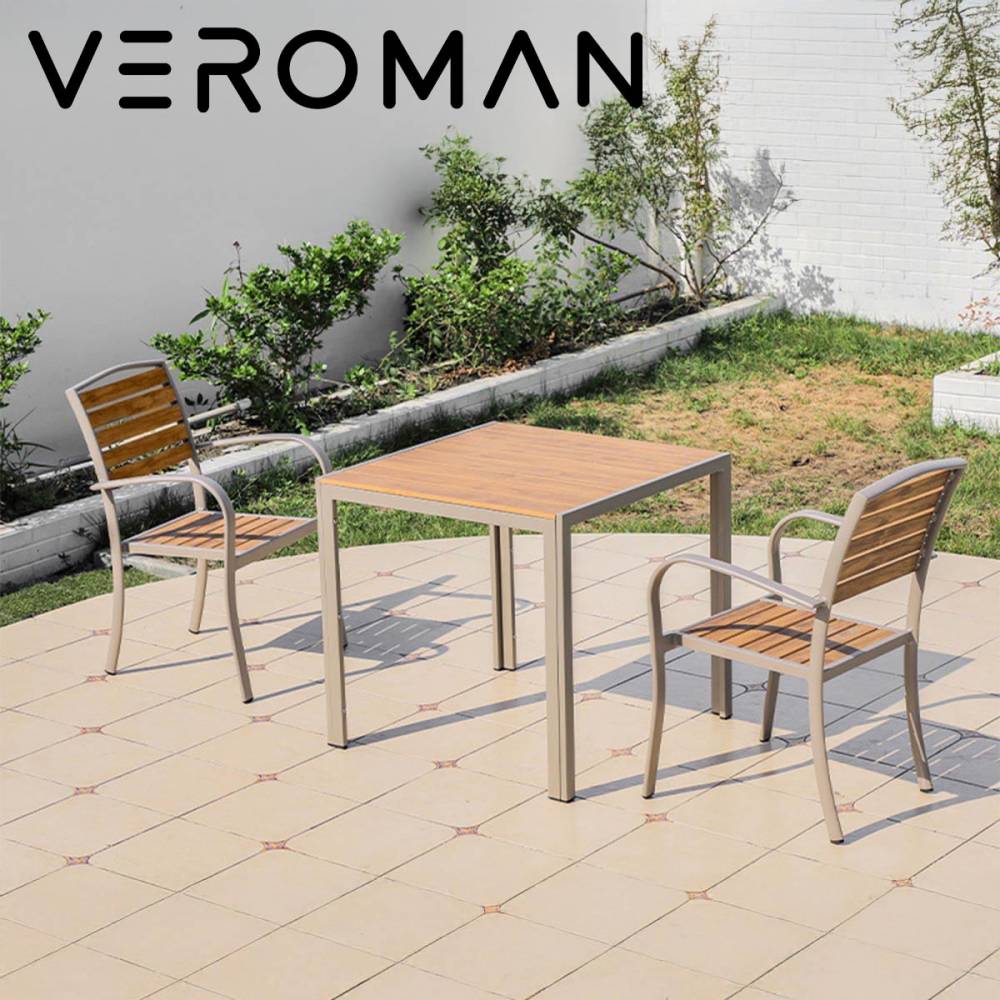 [テーブル80cm/椅子2脚セット] VeroMan 滑らかな木目調テーブルセット 重厚感漂うアルミフレーム 耐久性抜群 庭先を彩る上質なデザイン 韓国インテリア