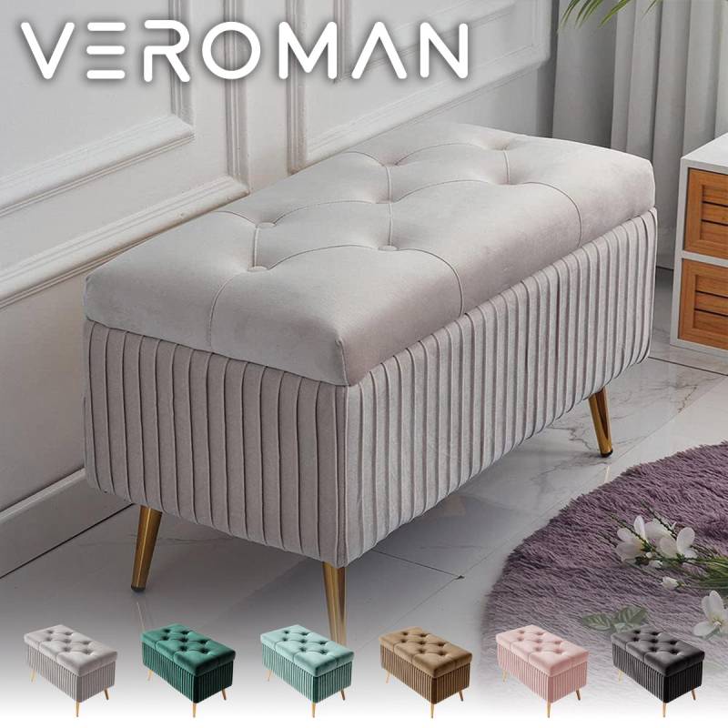 60cm] VeroMan ベロア調プリーツ収納ベンチ 高級感ただようふんわり座
