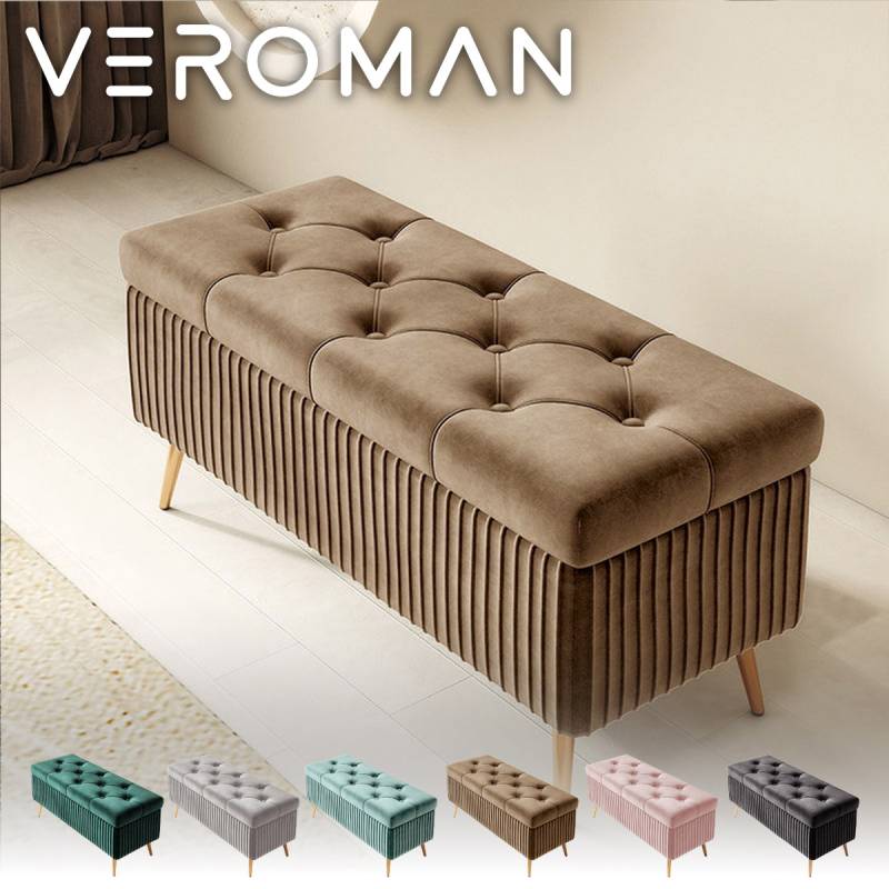 100cm] VeroMan ベロア調プリーツ収納ベンチ 高級感ただようふんわり座