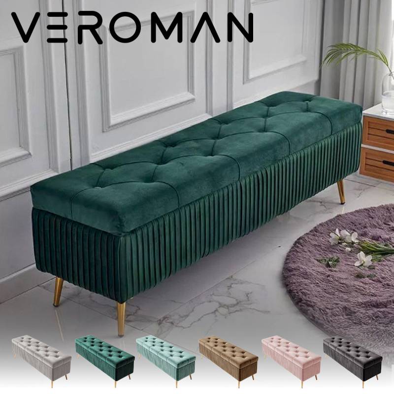 150cm] VeroMan ベロア調プリーツ収納ベンチ 高級感ただようふんわり座