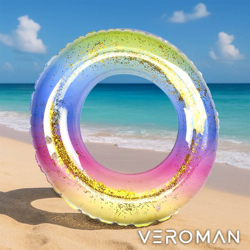 VeroMan 浮き輪 虹色 レインボー 90cm カラフル 虹 キラキラ 夏 水遊び プール 海 おしゃれ PVC素材 丈夫 夏の必須品 コンパクト収納 旅行 レジャー 大人対応