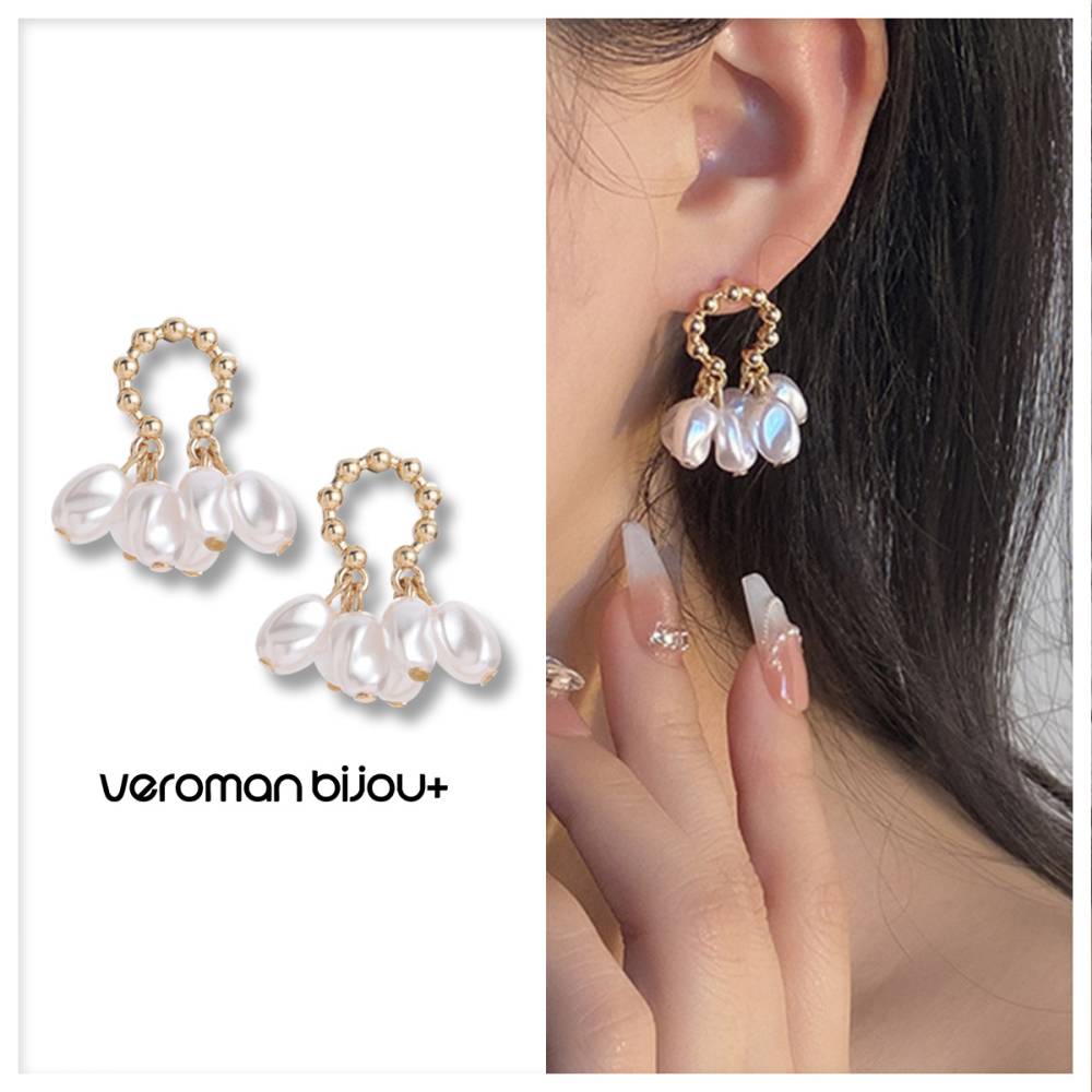 VeroMan BIJOU＋ パール ピアス ぶら下がり ゴールド イヤリング 華やか 上品 女性らしい さりげなくアクセント パーティー 日常 韓国アクセサリー