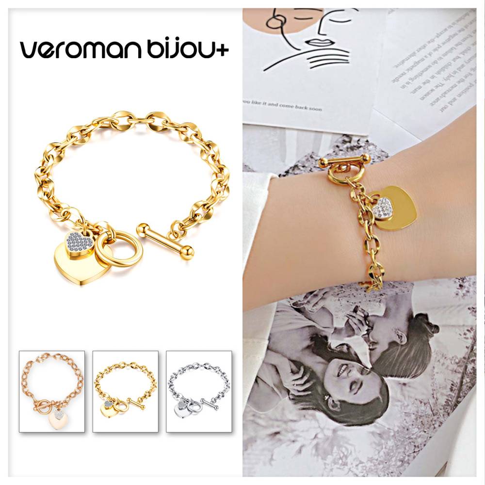 VeroMan BIJOU＋ ハート トグル ブレスレット チャーム チェーンブレスレット 3色展開 ボリューム感 存在感 手元を華やかに演出 韓国アクセサリー