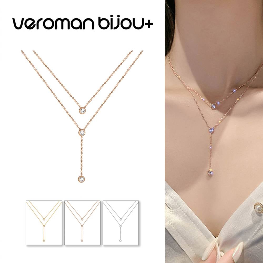 VeroMan BIJOU＋ ラリアット ロング ネックレス スリーストーン きらりと揺れる Y字 上品 重ね付け 女性らしい 韓国アクセサリー ファッションジュエリー 