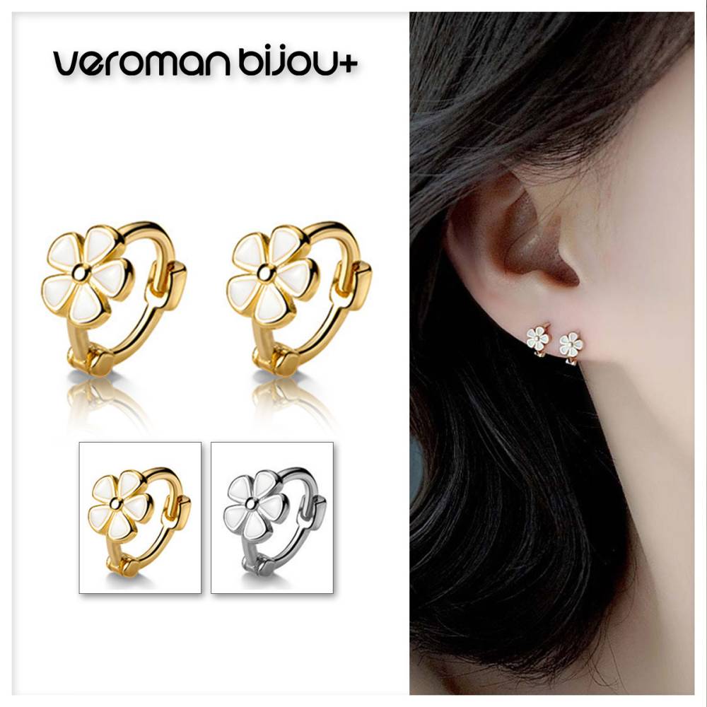 VeroMan BIJOU+ プレーンフープピアス 花アクセント フラワー イヤリング  S925 シルバーポスト 高級感 軽やか 小粒アクセ 韓国アクセサリー