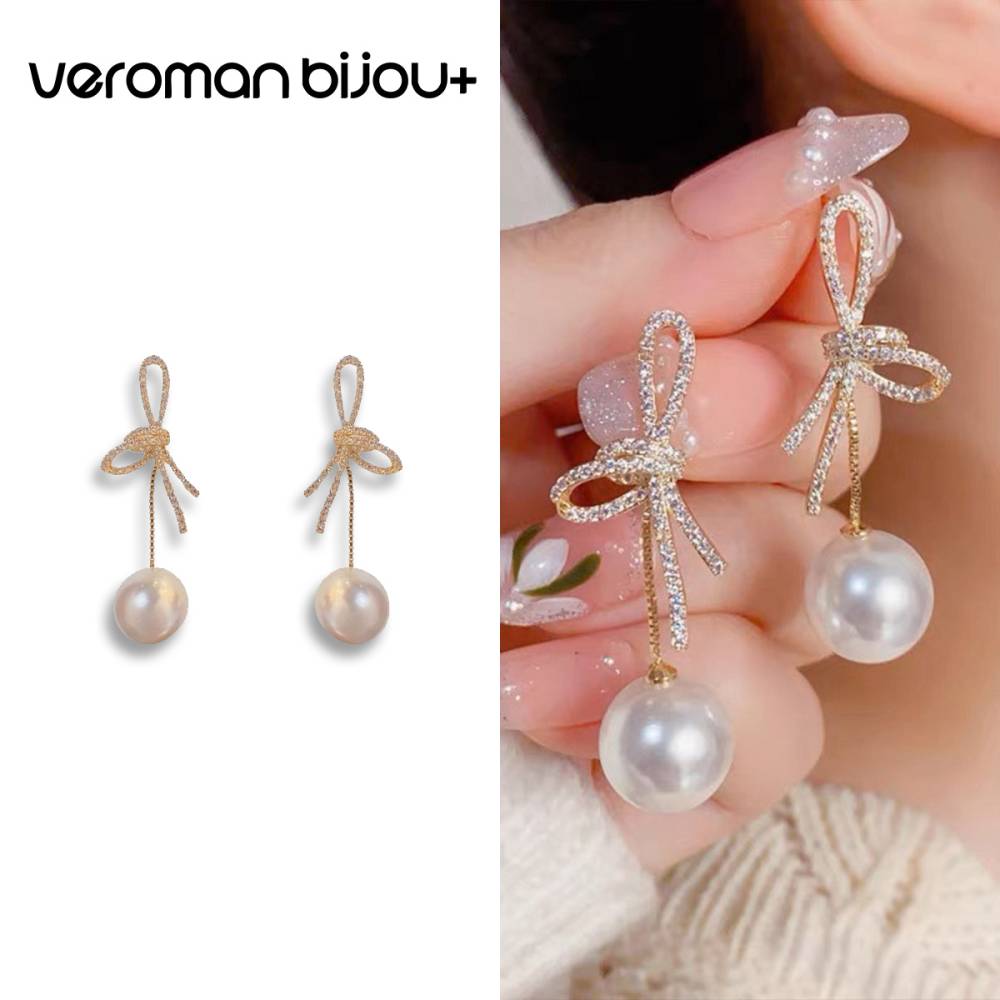 VeroMan BIJOU＋ ノットデザイン パール ピアス 揺れる イヤリング 上品 女性らしい 洗練された 旅行コーデ 日常 小顔効果 韓国アクセサリー