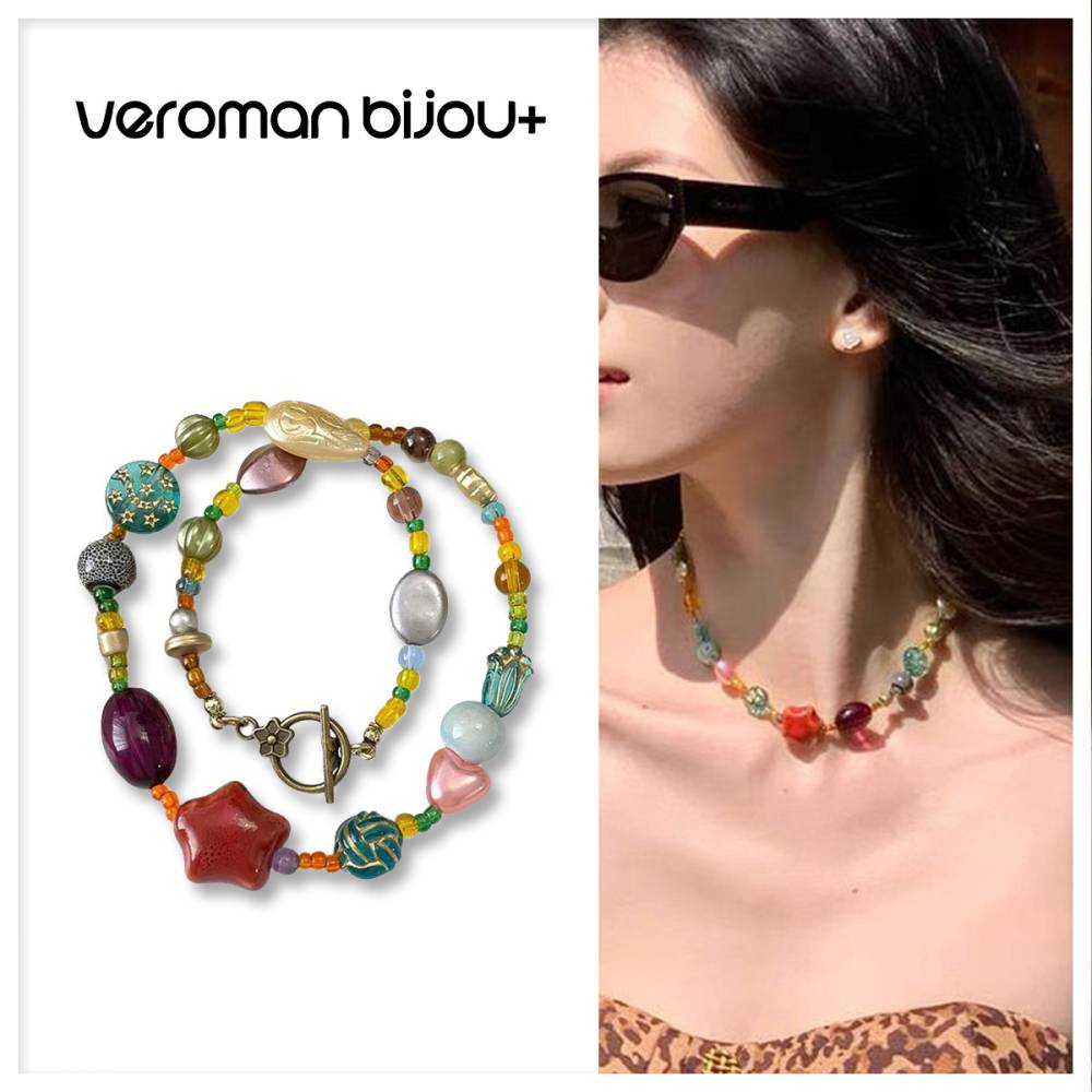 VeroMan BIJOU＋ カラービーズネックレス カラーチェーン カラフルビーズチョーカー 胸元を彩る 映える カラフル ボリューム ネックレス 韓国アクセサリー