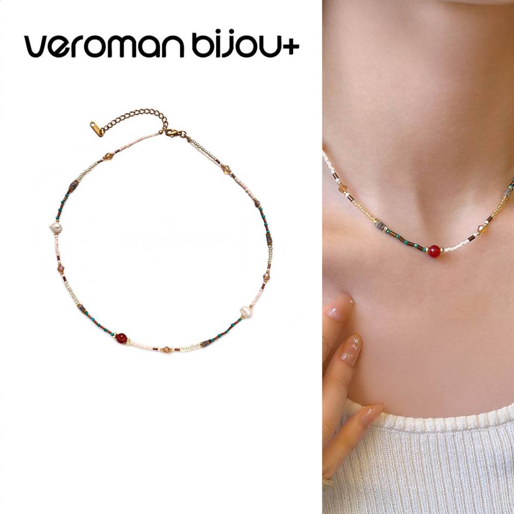 VeroMan BIJOU＋ ネックレス カラービーズ パールネックレス ポップ さりげないアクセント 遊び心あふれる 小粒デザイン トレンドアクセ 韓国アクセサリー