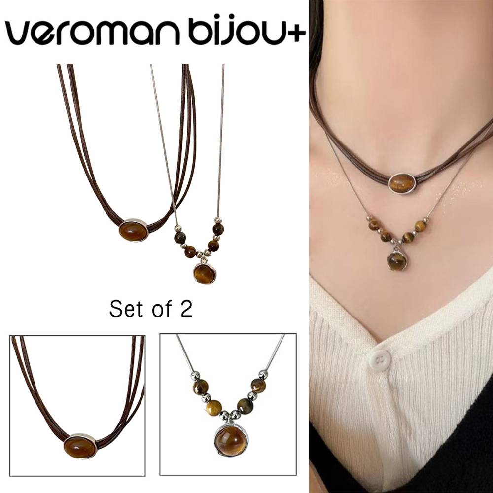 VeroMan BIJOU＋ ネックレス 重ね付け 2個セット ヴィンテージ風 レザーネックレス シルバーチェーン 2WAY セットネックレス 韓国アクセサリー