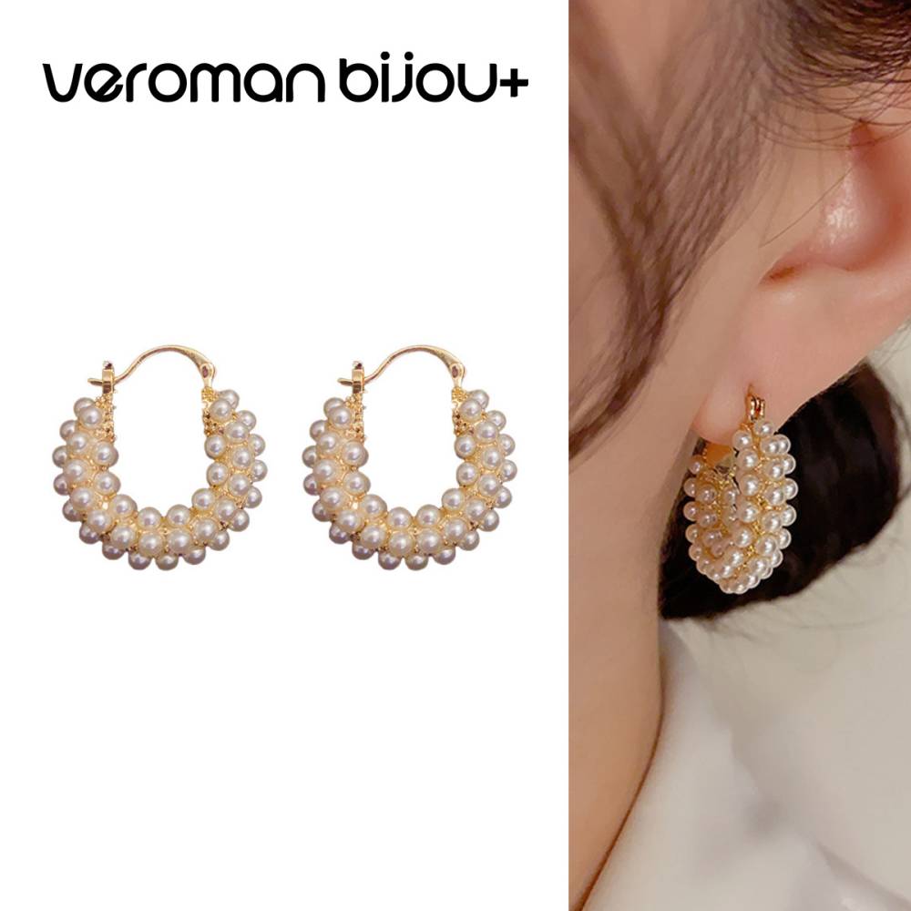 VeroMan BIJOU＋ パールフープピアス 両耳用 ゴールド ぶら下がり イヤリング レディース ファッションジュエリー 上品 ヴィンテージ風 韓国アクセサリー