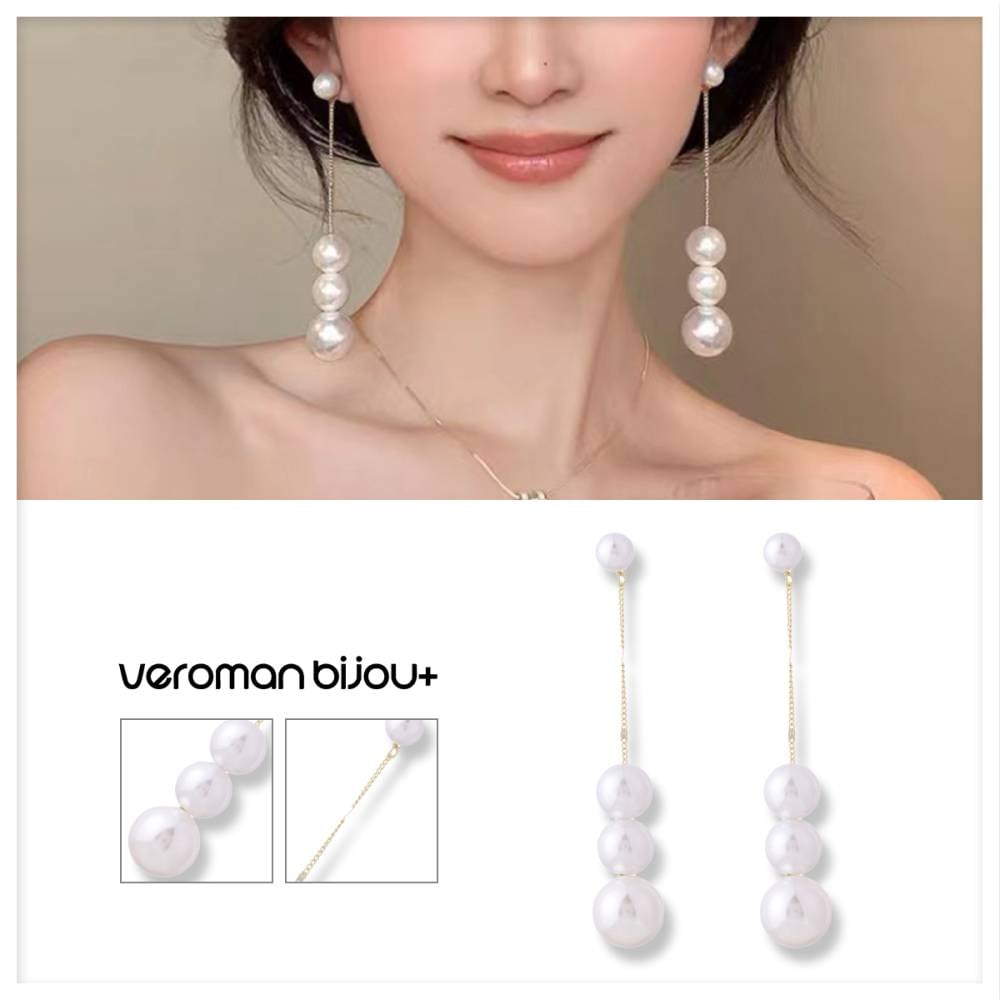 VeroMan BIJOU＋ 揺れるパール タッセルピアス ロング イヤリング 大ぶり ビッグパール 女性らいしい 上品 パーティー ファッションジュエリー 韓国アクセサリー