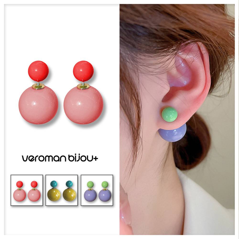 VeroMan BIJOU＋ キャンディーカラー バイカラー 両面パール ピアス イヤリング 映える 2WAYデザイン アクセ 華やか 韓国ファッション 韓国アクセサリー