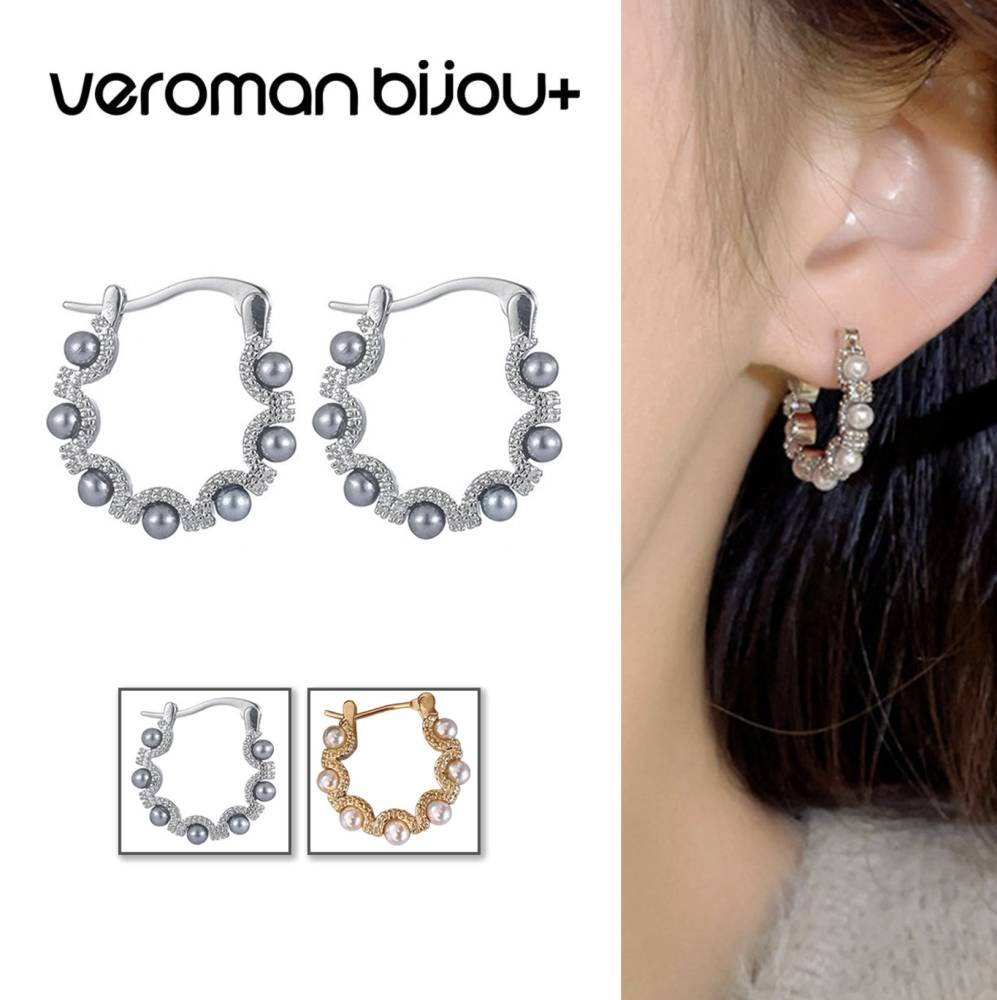 VeroMan BIJOU＋ フープピアス パールミックス イヤリング 上品 アクセ 女性らしい シルバー コールド 韓国ファッション 韓国アクセサリー
