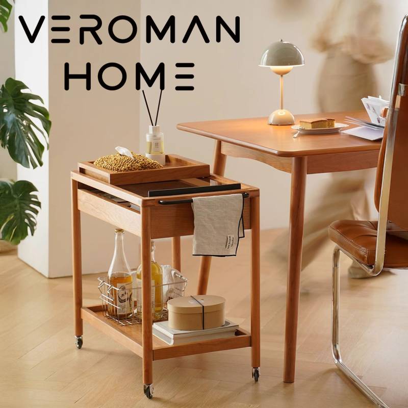 【新品・送料無料】ィンテージテーブル＆ワゴン 机 収納 おしゃれ 木製 モダン VeroMan ヴィンテージ調 収納ラック ワゴン付き 収納棚付き ソファ横
