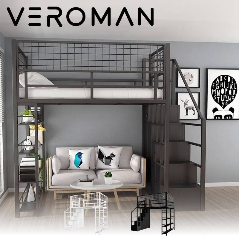 VeroMan 階段付きロフトベッド 大容量収納棚付き メタルフレーム 省