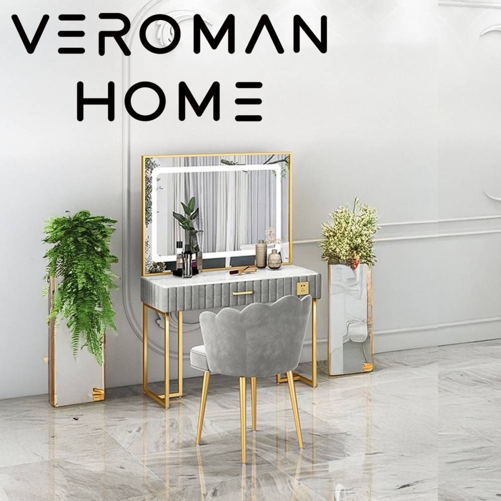 VeroMan LEDミラー付きドレッサー 高級感大理石天板 ゴールドフレーム 北欧モダンスタイル 韓国インテリア [高さ160cm×幅80cm]