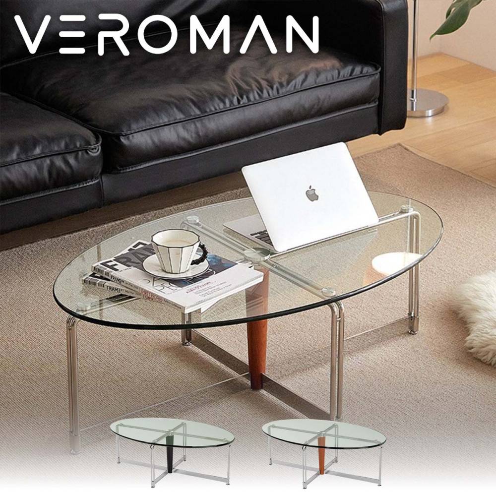 VeroMan 楕円形センターテーブル モダンデザイン 強化ガラス天板 金属フレーム 韓国インテリア [高さ35cm×幅100cm]