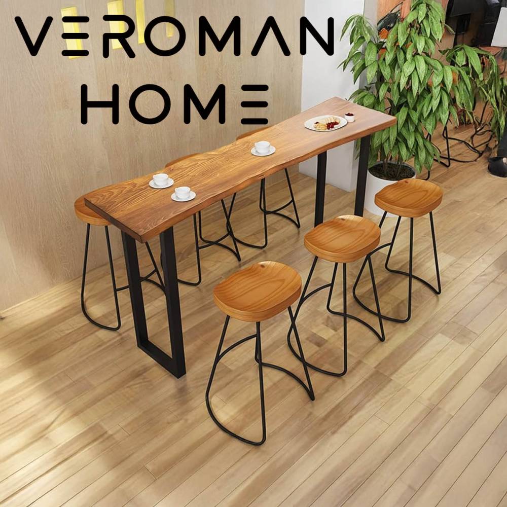 VeroMan カウンターテーブル 北欧風デザイン 天然木天板 アイアン脚 韓国インテリア [高さ105cm×幅180cm]