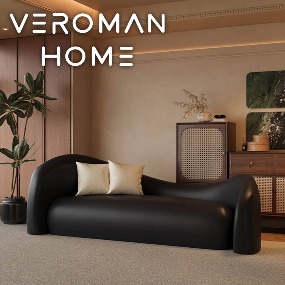 [三人掛け] VeroMan ヴィンテージ風 ブラックレザーソファ ソファチェア 応接ソファ レトロモダンなインテリアに最適 韓国インテリア [高さ7cm×幅210cm]