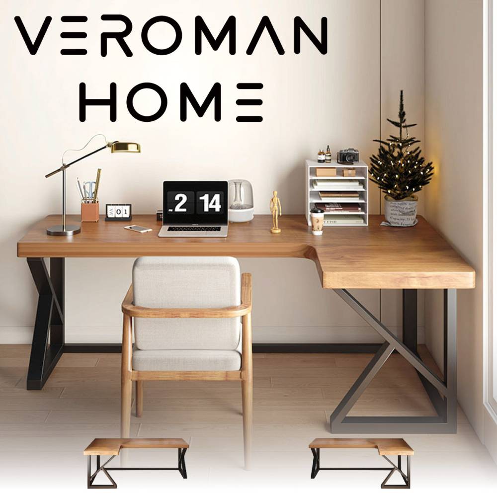 VeroMan L字型デザイン ワークデスク 天然木天板＋カーボンスチール脚 左右選択可能 韓国インテリア [高さ75cm×幅120cm]
