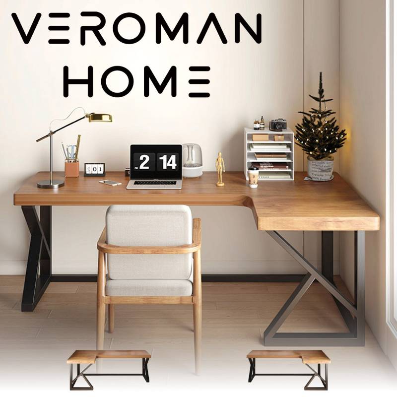 VeroMan L字型デザイン ワークデスク 天然木天板＋カーボンスチール脚