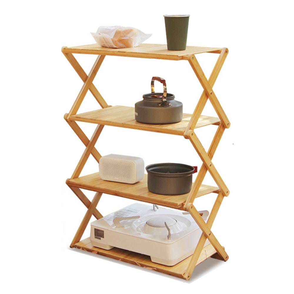 [4段] VeroMan キャンプラック 折り畳み 木製 収納袋付き アウトドア バーベキュー キャンプテーブル ウッドラック おしゃれ 簡単組み立て 幅50cm 奥行25cm 高さ84cm