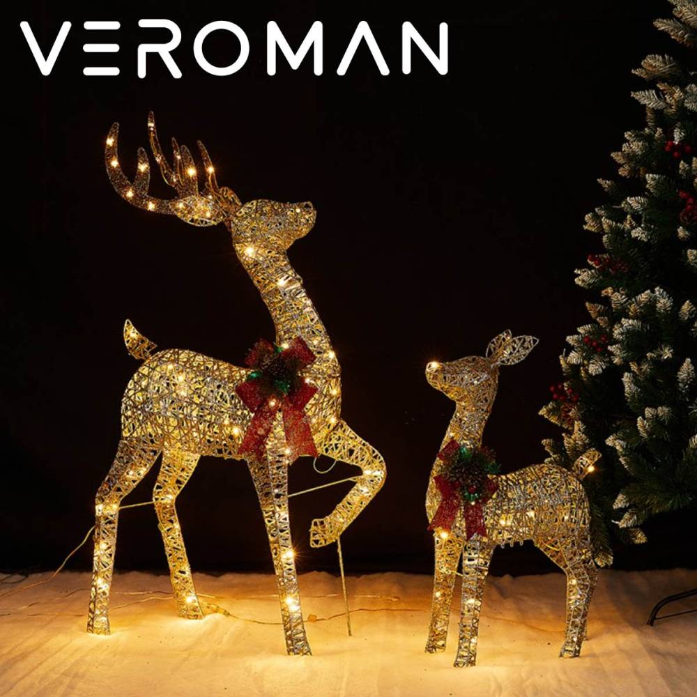 [親子セット] VeroMan 優しい光でクリスマスを彩る LEDトナカイ 鉄製 ゴールド発光 オブジェ 屋内外兼用 イルミネーション ディスプレイ [大鹿115cm 子鹿67cm]