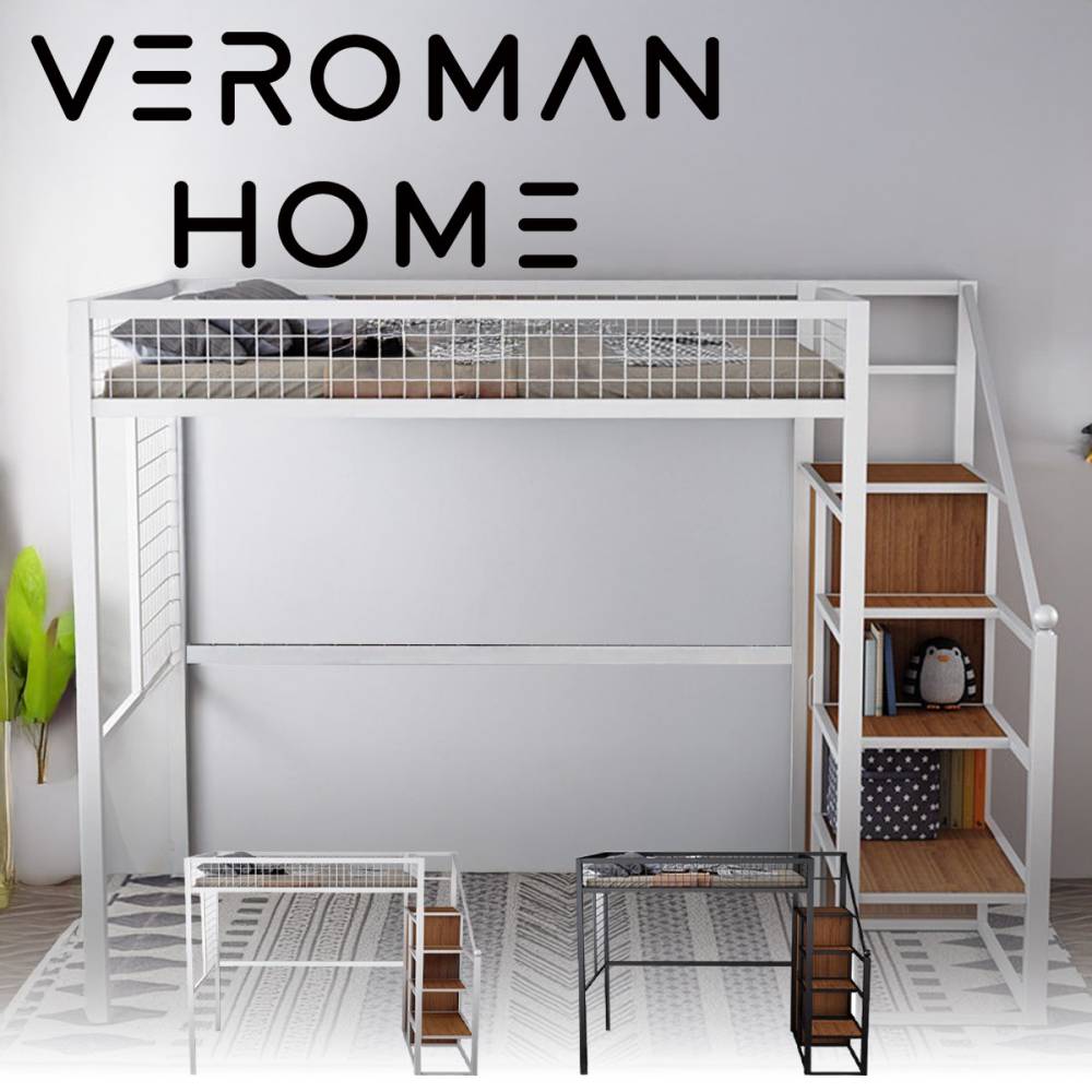 VeroMan 学生用 ロフトベッド 上段ベッド＋下段ワードローブ付き アイアンフレーム ワンルーム向け 省スペース高架ベッド 韓国インテリア [高さ205cm×幅270cm]